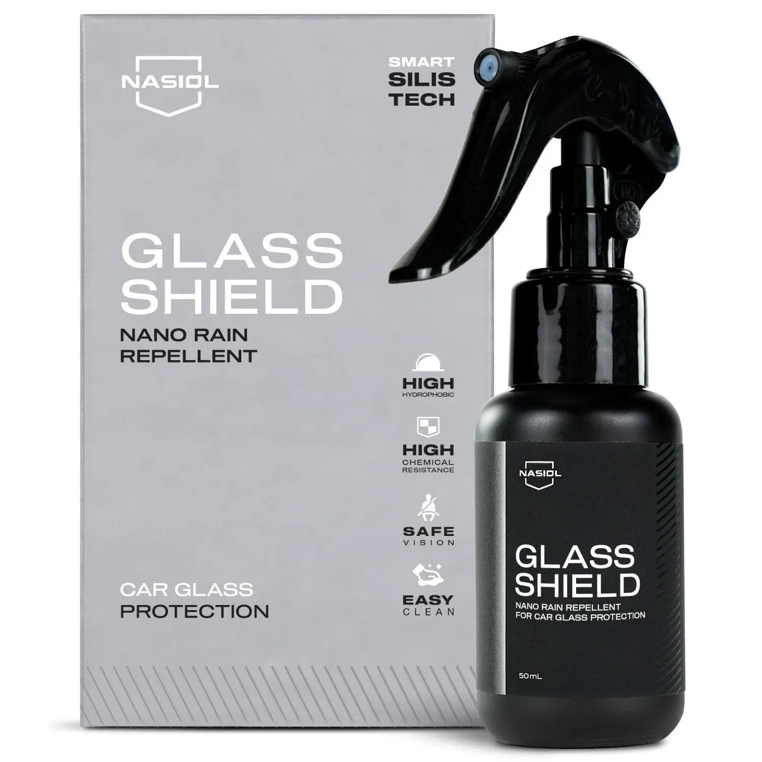 Nasiol GlasShield Nano Glass Coating Rain-Repellent Hydrophobic Windshield Mirrors Anti-Frost UV-Resistant 2 Years 50ml